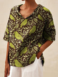 Women's Vintage Lovely Birds Floral Art Print Casual Linen V-neck Shirt