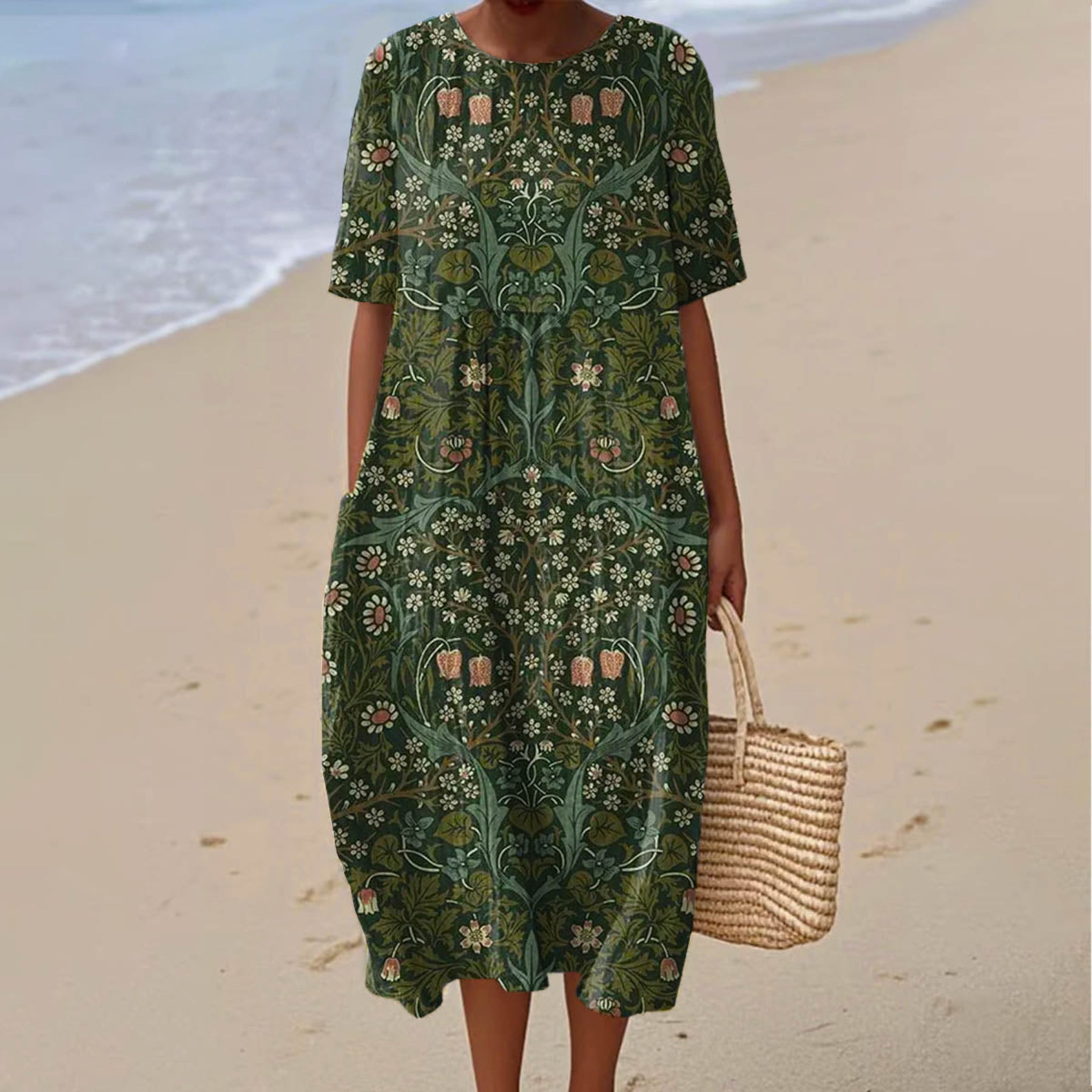Women's Vintage Floral Print Crew Neck Dress elevenforest