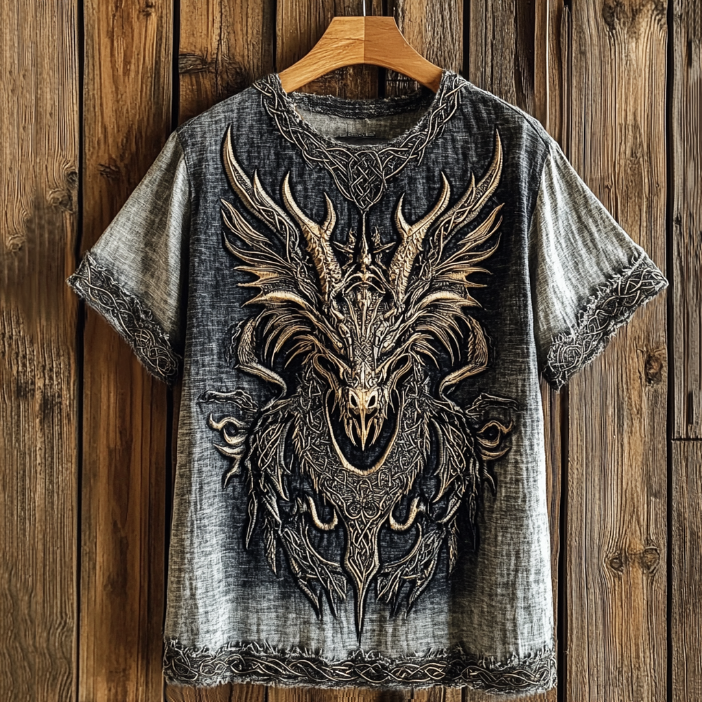 Men's Viking Celtic Wolf Head Washed Contrast Color Linen T-shirt elevenforest