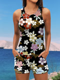 Vintage Floral Print Halter Ruffle Ruched Jacquard Tankini Short Set