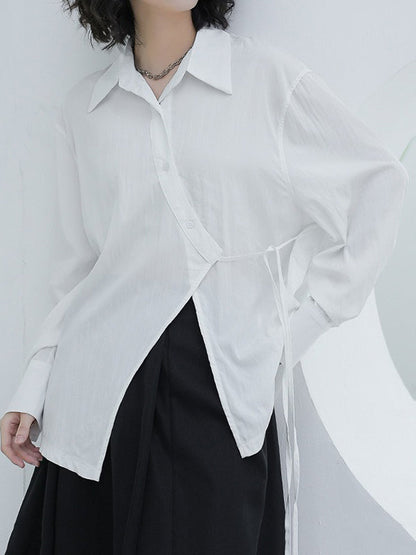 Loose Puff Sleeves Asymmetric Lace-up See-through Color Split-joint Lapel Blouses