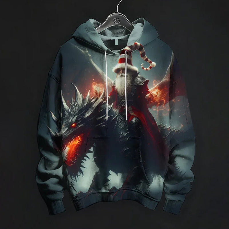 Men's Santa Claus Riding Fire-breathing Dragon Print Casual Hoodie elevenforest