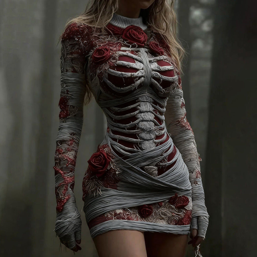 Comstylish Women's Vintage Red Rose Skeleton Art Knit Mini Sweater Dress