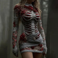 Comstylish Women's Vintage Red Rose Skeleton Art Knit Mini Sweater Dress
