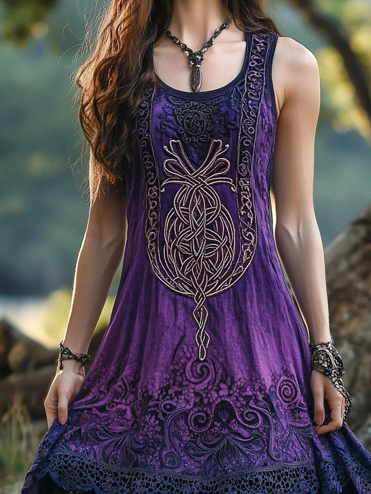 Vintage Lace Celtic Totem Printed Women's Linen Vest Dress elevenforest