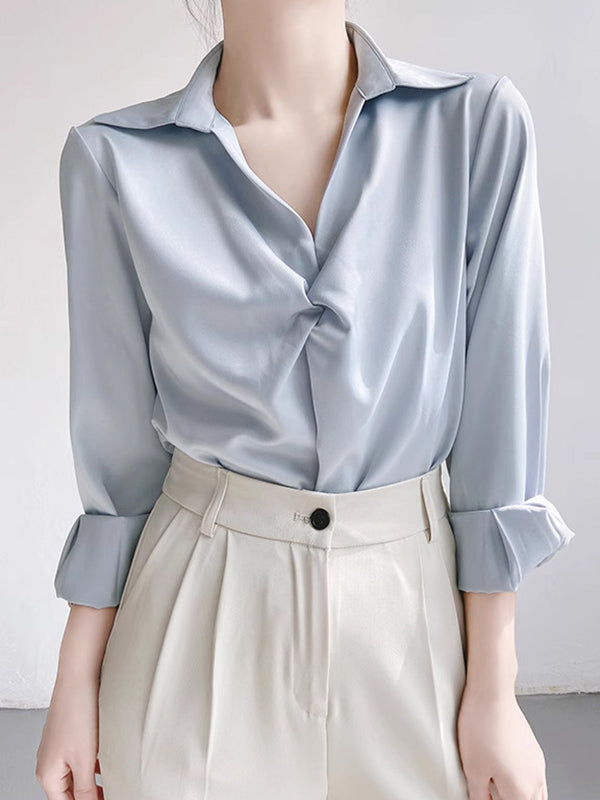 Long Sleeves Loose Knot Color Lapel Blouses&shirts Tops