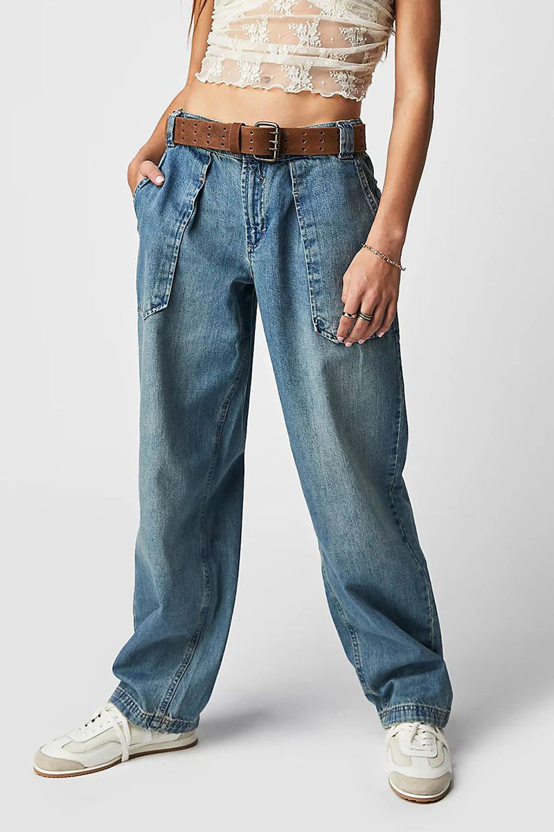 Street Pocket Without Belt Loose Denim Jeans(no Belt)