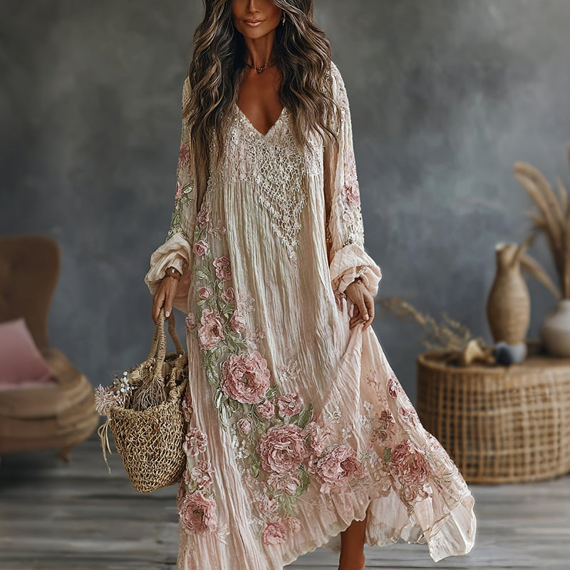 Women's Retro Floral Art Flowy Linen Blend Casual Long Sleeve Maxi Dress elevenforest