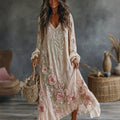 Women's Retro Floral Art Flowy Linen Blend Casual Long Sleeve Maxi Dress elevenforest