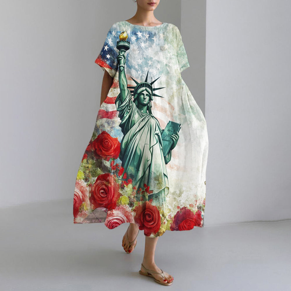 Comstylish Watercolor Rose & Statue Of Liberty Print Women's Maxi Dress