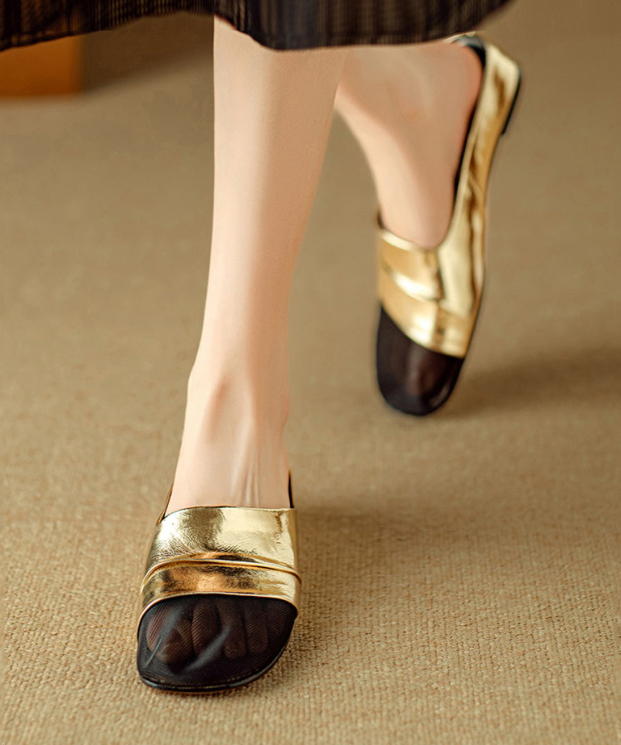 Gold Cowhide Leather Handmade Splicing Tulle Slide Sandals Ap1029
