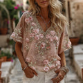 Women's Pink Flowers Embroidered Art V-neck Short Sleeve T-shirt elevenforest