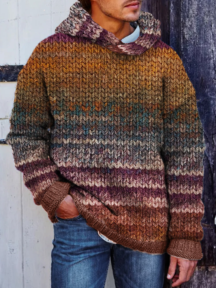 Men's Retro Colorful Striped Crochet Art Cozy Hooded Sweater elevenforest