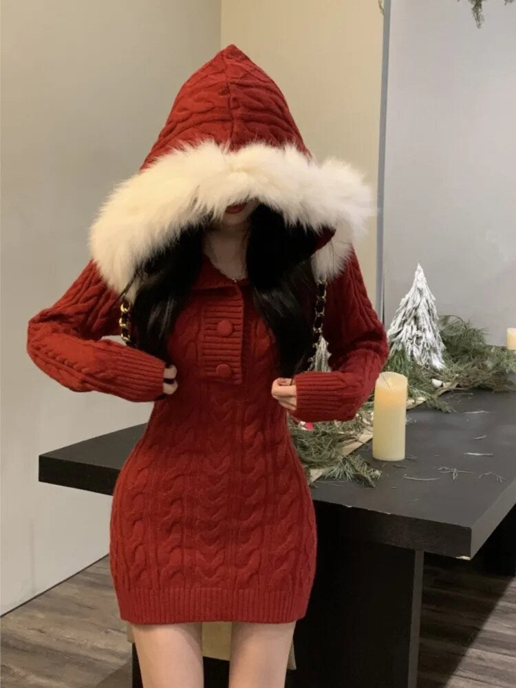 Y2k Knitted Dress Faux Fur Hooded Sweater Christmas Party Mini Dresses Autumn Winter Kawaii Vestidos Mujers New