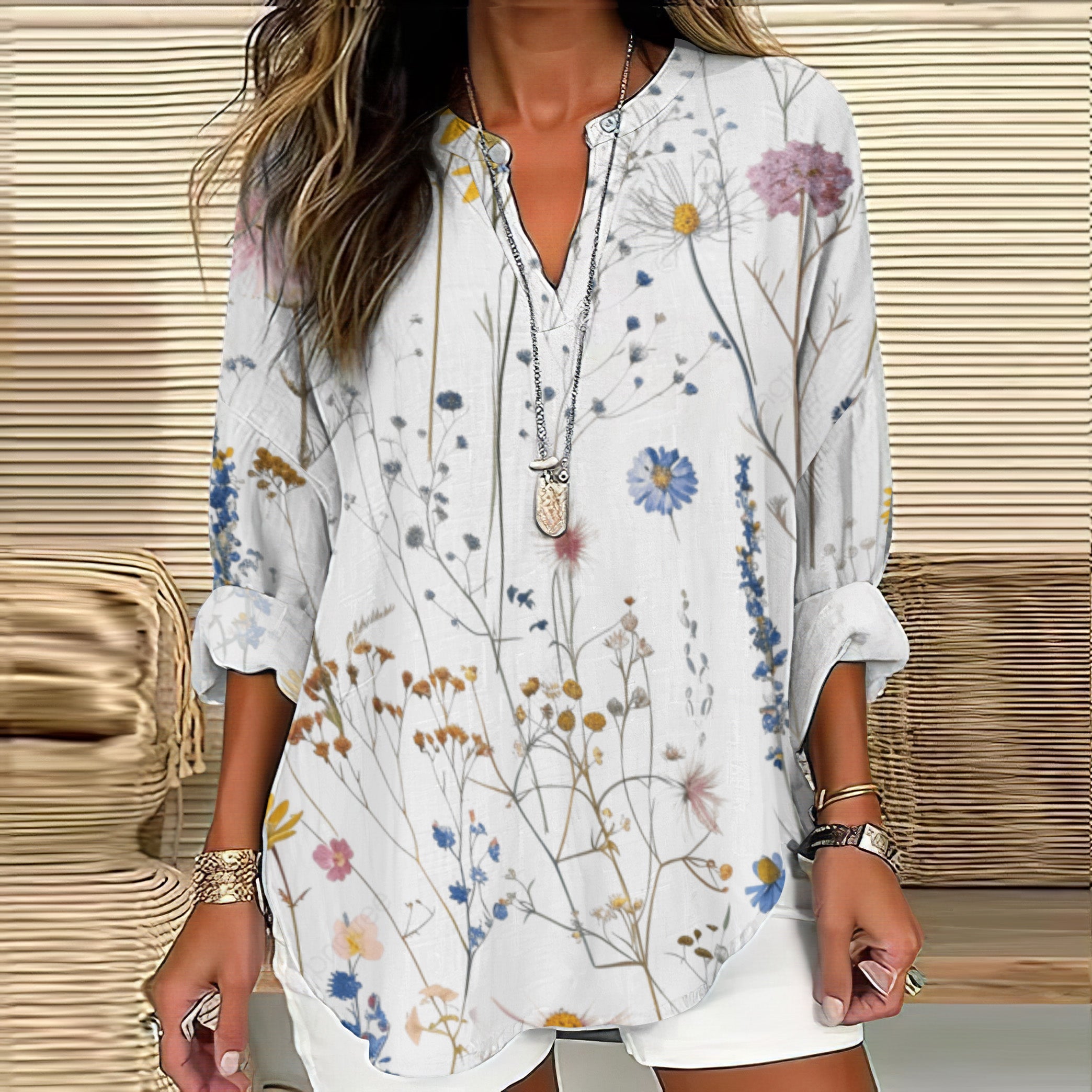 Comstylish Vintage Floral Art Print Linen Blend Tunic