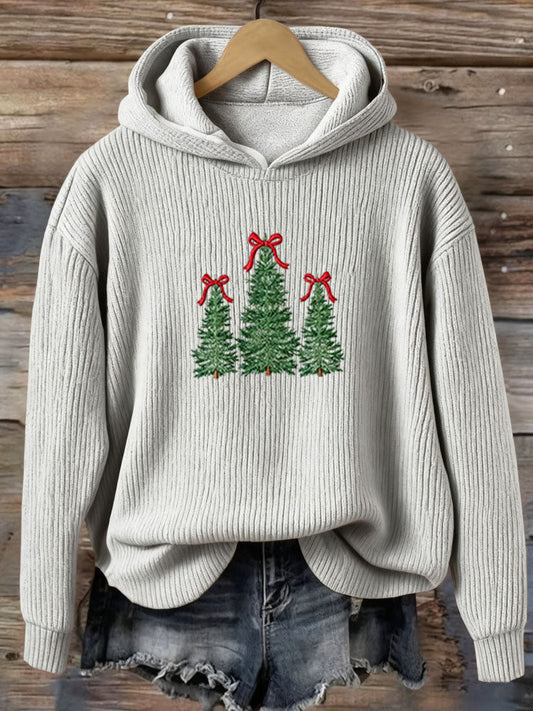 Merry Christmas Tree Knitted Print Hooded Sweater artswardrobe