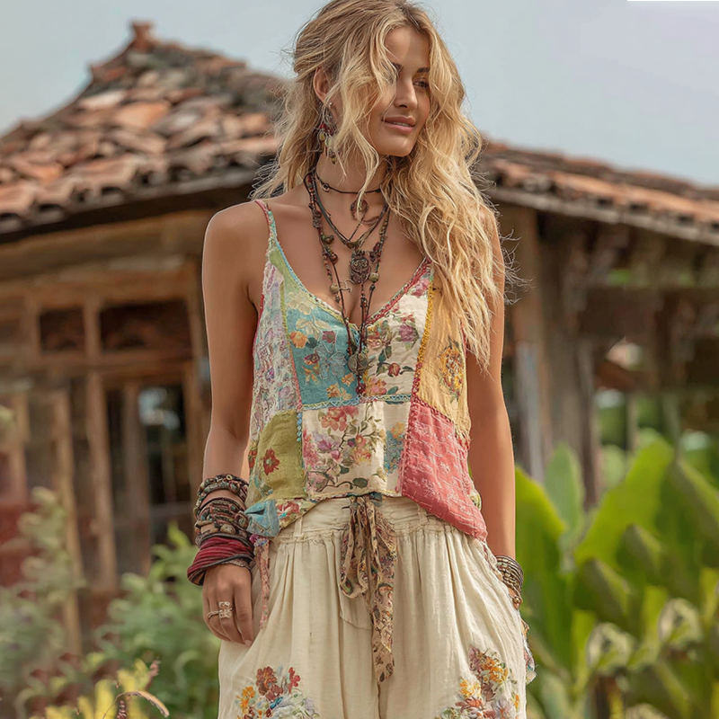 Women's Retro Classy Boho Patchwork Floral Embroidered Art Linen Art Linen And Cotton Camisole elevenforest