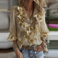 Women's Classic Bohemian Yellow Floral And Gold Roses Embroidery Art Long Sleeve Linen Blend T-shirt elevenforest