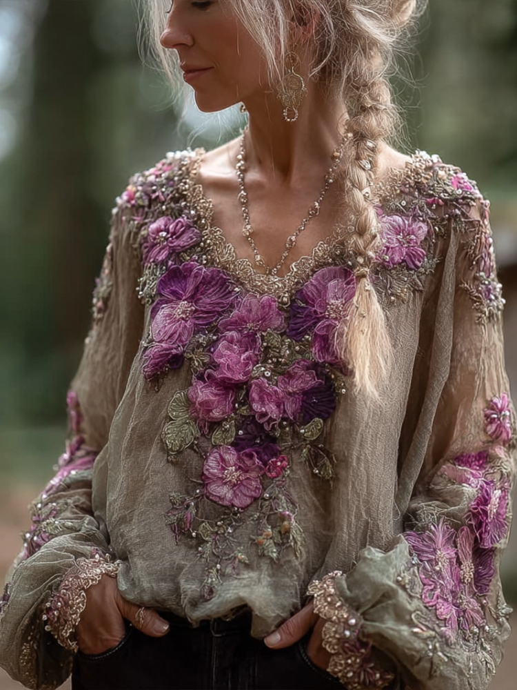 Bohemian Style Round Neck Long Sleeve 3d Purple Flower Design Cotton And Linen Top For Women elevenforest