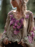 Bohemian Style Round Neck Long Sleeve 3d Purple Flower Design Cotton And Linen Top For Women elevenforest