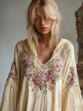 Boho Floral Embroidery Women's Linen Hoodie elevenforest