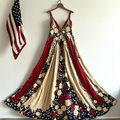 Women's Vintage Independence Day Flag Floral Pattern Suspender Dress elevenforest