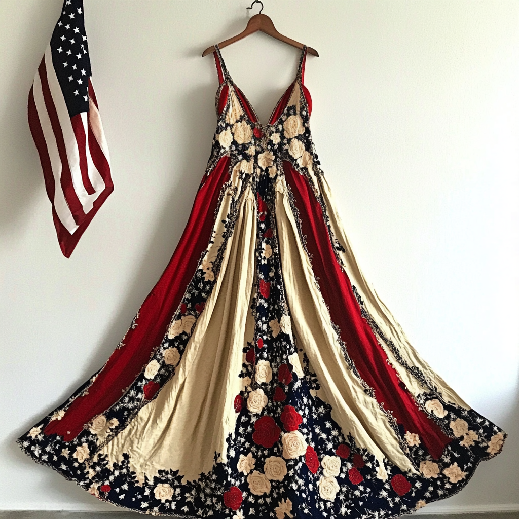 Women's Vintage Independence Day Flag Floral Pattern Suspender Dress elevenforest