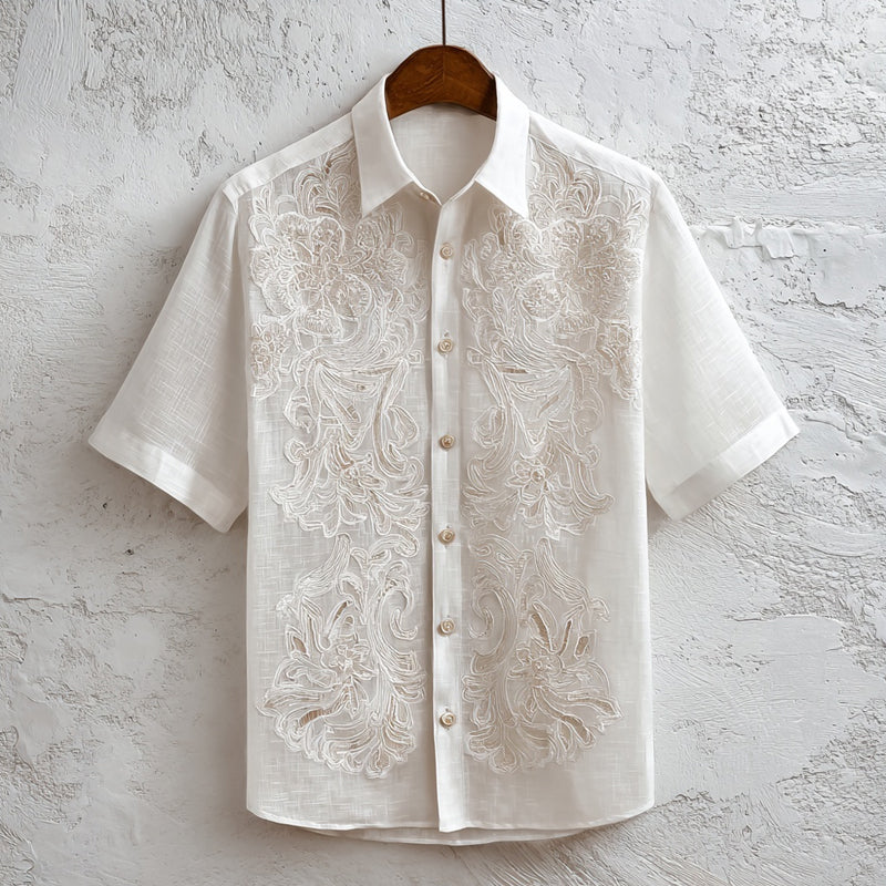 Men's Floral Lace Embroidered Casual Linen Shirt elevenforest