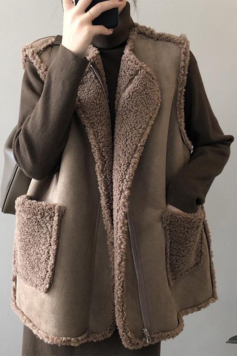 Pocket Patchwork Fluffy O Neck Waistcoats