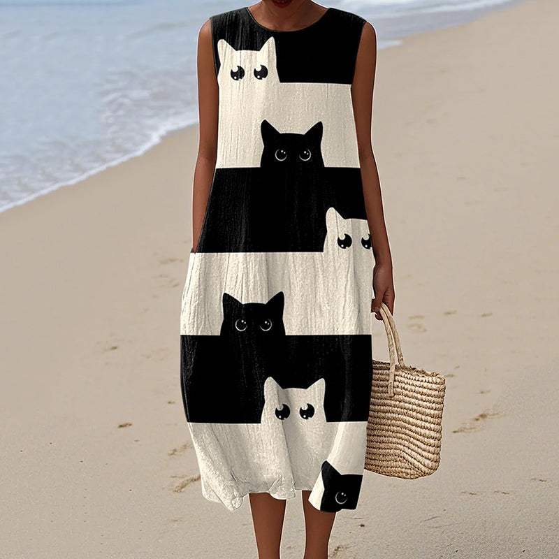 Comstylish Women's Vintage Abstract Geometric Black Cat Art Linen Tank Midi Dress
