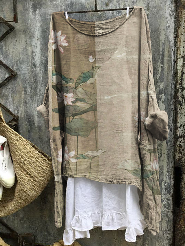 Comstylish Classy Lotus Japanese Flowy Linen Blend Tunic