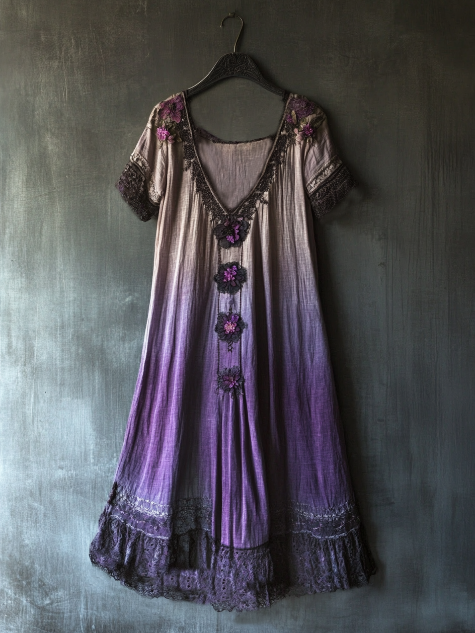 Bohemian Lavender Embroidery Patchwork Art Sleeveless  Cozy Linen Maxi Dress elevenforest