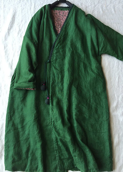 Green V Neck Button Cotton Filled Parka Long Coats Winter