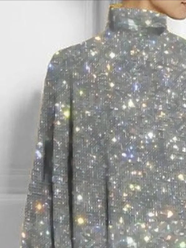 Long Sleeves Loose Printed Shiny High Neck T-shirts Tops