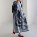 Japanese Art Stripe Octopus Print Casual Art  Linen Blend Long Sleeve Maxi Dress elevenforest
