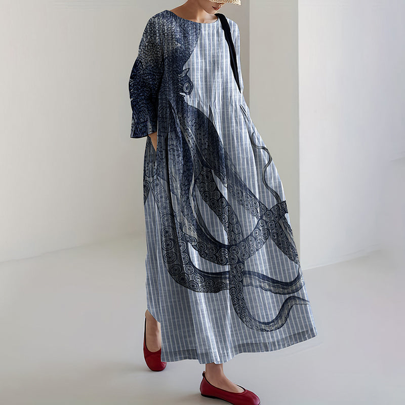 Japanese Art Stripe Octopus Print Casual Art  Linen Blend Long Sleeve Maxi Dress elevenforest