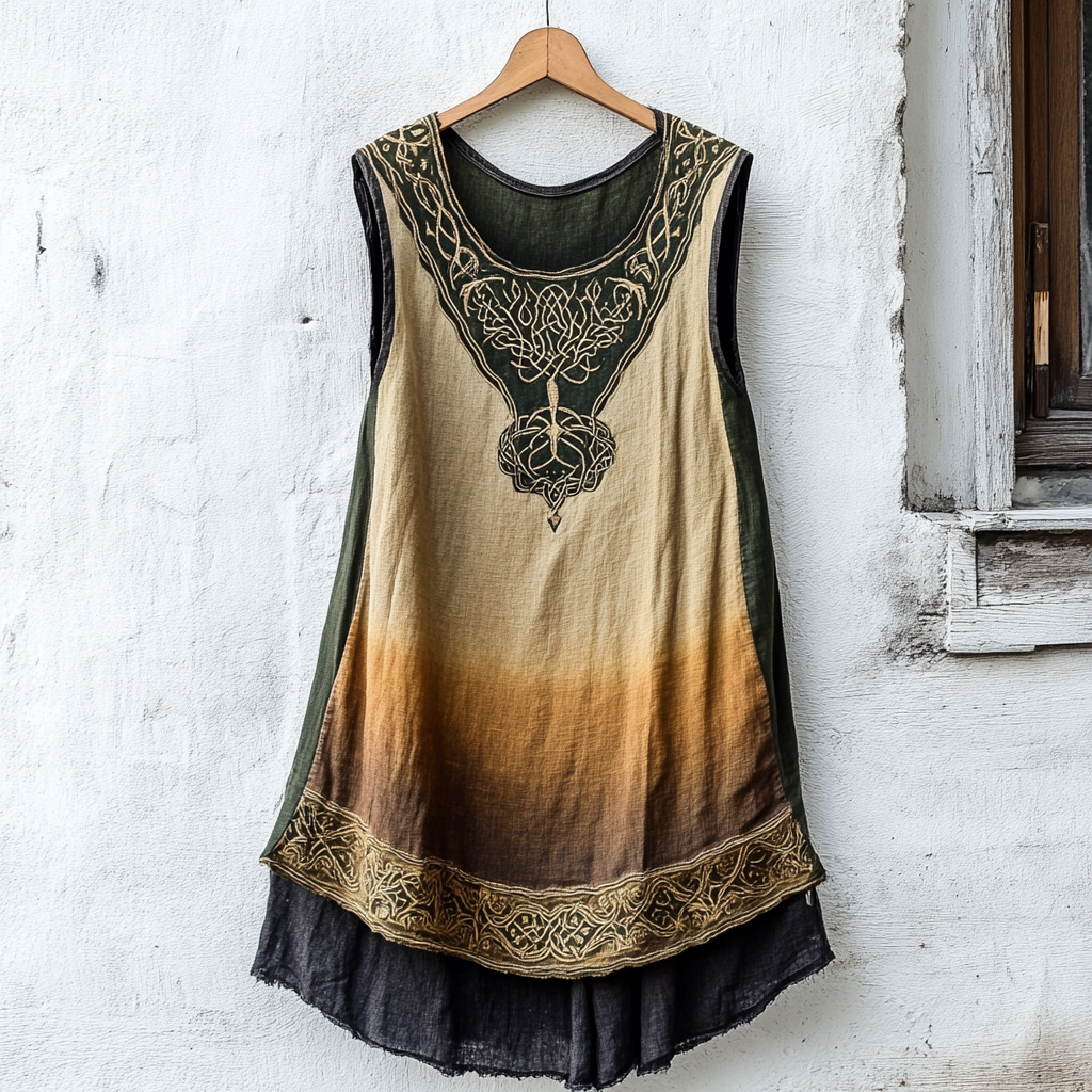 Women's Viking Tree Of Life Celtic Knot Gradient Art Linen Sleeveless Top elevenforest