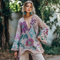 Vintage Floral Embroidered Linen V Neck Tunic elevenforest