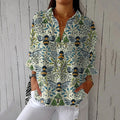 Women's Vintage Bee Floral Art Print Casual Linen Shirt elevenforest