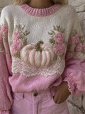 Thanksgiving Pumpkin Pink Floral Lace Contrast Cozy Knit Sweater artswardrobe