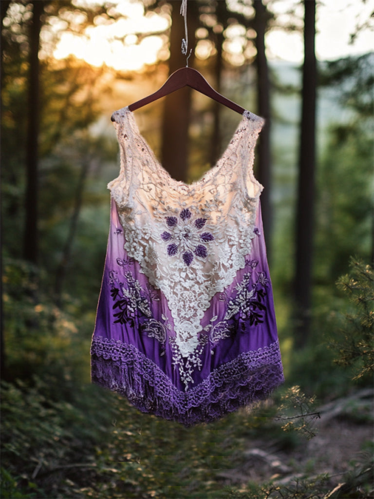 Boho Lavender Gradient Lace Art Linen Sleeveless Tank Top elevenforest