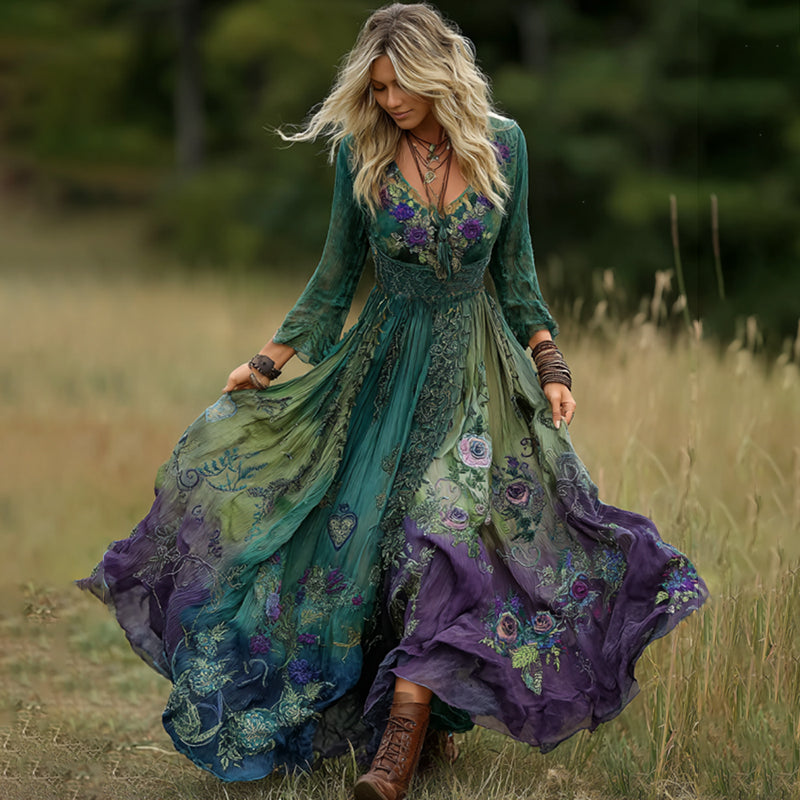 Vintage Classy Gradient Purple Lavender And Floral Embroidered Linen Maxi Dress elevenforest