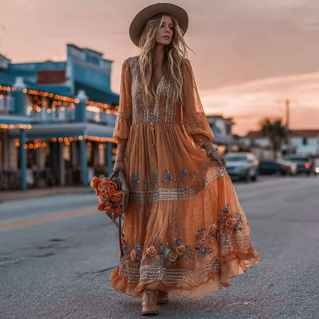 Women's Orange Rose Gilded Pattern Elegant Long Sleeve V-neck Dress elevenforest