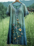 Floral Embroidery Blue Green Tie-dye Lace Women's V-neck Linen Dress elevenforest