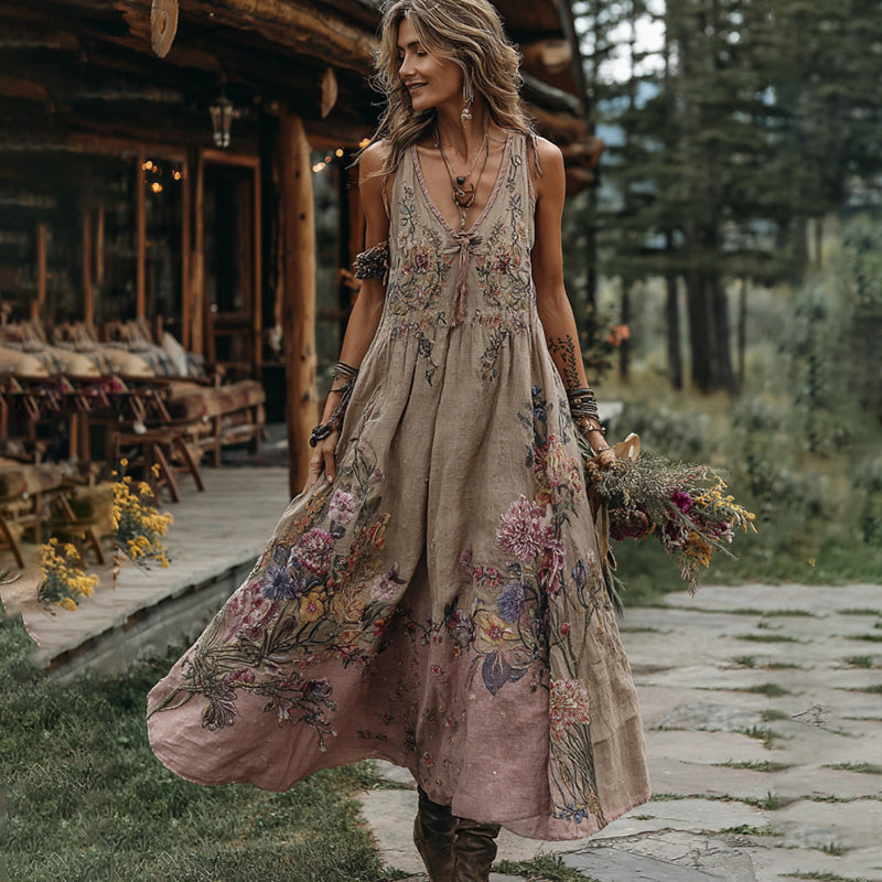 Women's Boho Embroidery Floral Art V Neck Comfy Sleeveless Maxi Dress elevenforest