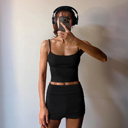 Basic Sports Thread Knitting Color Camisole Shorts Homewear Two Piece Set