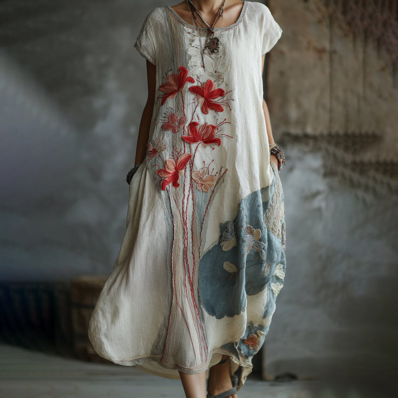 Women's Vintage Red Spider Lily Embroidery Cotton And Linen Round Neck Dress elevenforest