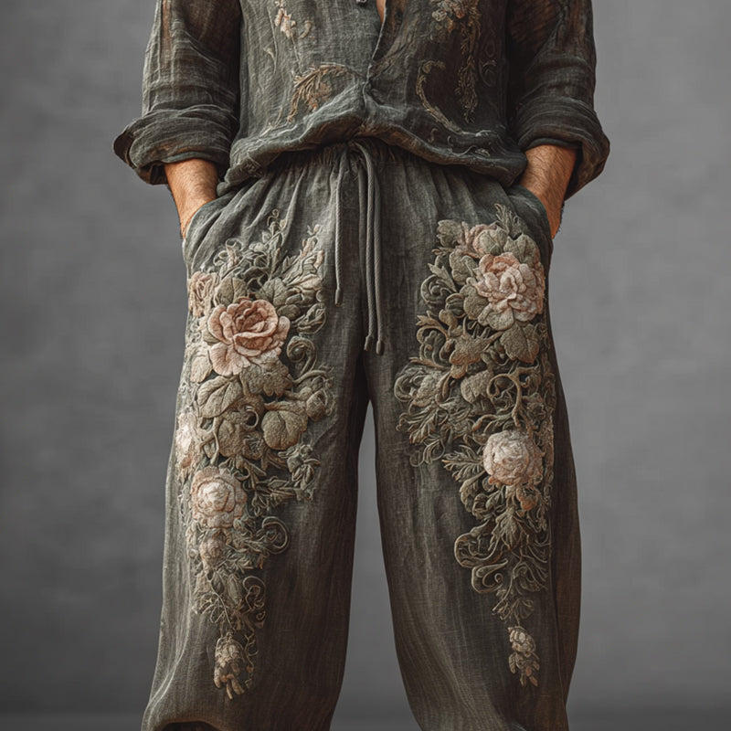 Men's Vintage Roses Embroidered Wide Leg Linen Pants elevenforest