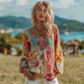 Women's Vintage Ethnic Floral Pattern Linen Round Neck Shirt elevenforest