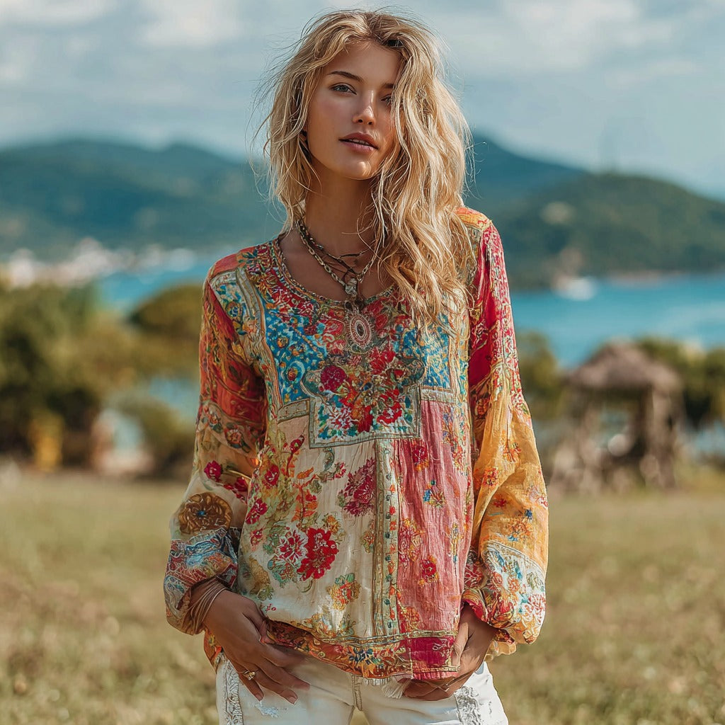Women's Vintage Ethnic Floral Pattern Linen Round Neck Shirt elevenforest